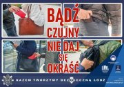 Plakat profilaktyczny, pokazujący sytuacje kradzieży kieszonkowej z dużym napisem nie daj się okraść w części centralnej.,